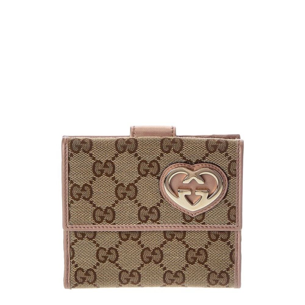 Gucci Brown Gg Canvas & Leather Lovely Heart French Flap Wallet (Authentic
